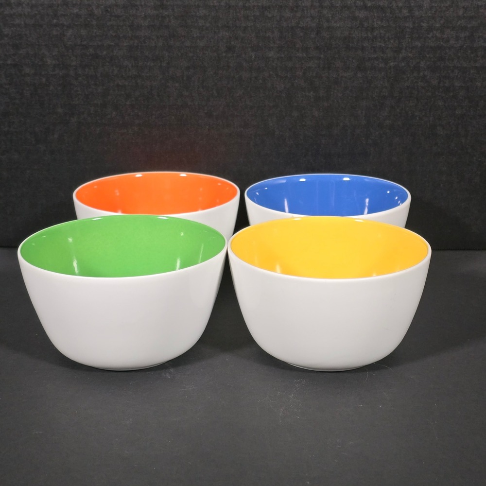 Vtg Crate & Barrel Monno Bowl Set of 4 White Multicolor Interior Cereal Soup